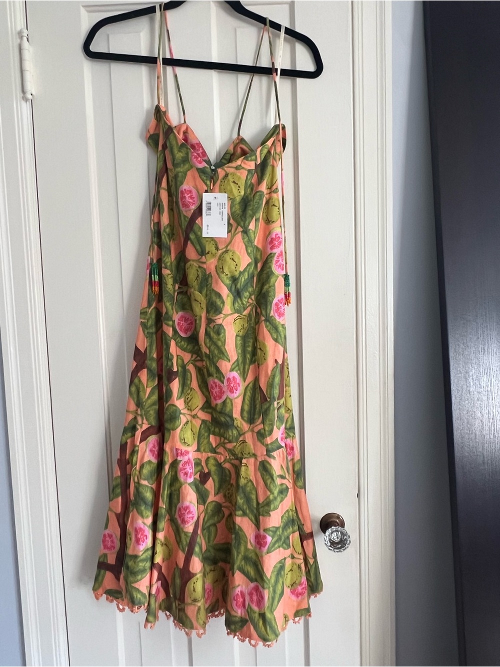 FARM Rio Peach Pink Floral Midi Slip Dress with Green Leaf Print - Picture 4 of 6